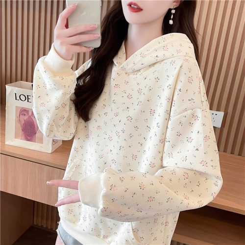 Actual shot of Korean style loose imitation cotton floral print thin hooded sweatshirt for women