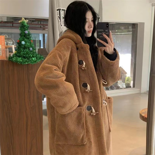 Long horn button lambswool coat for women 2024 autumn and winter lambswool college style warm hooded coat