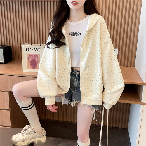 Actual shot of Korean style loose Chinese cotton small floral fabric printed zipper thin hooded sweatshirt for women