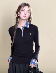 Sweet and cool POLO collar plaid splicing long-sleeved T-shirt women's autumn inner slim fit fake two-piece top