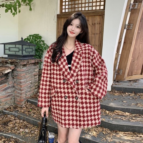 Maillard retro plaid suit woolen coat for women autumn and winter new style versatile high-end temperament woolen coat