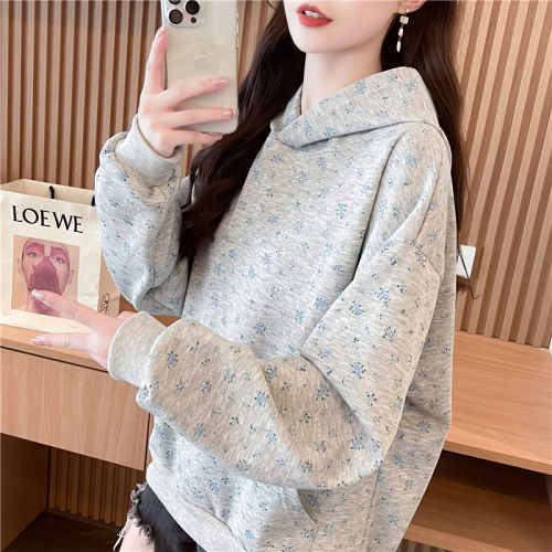 Actual shot of Korean style loose imitation cotton floral print thin hooded sweatshirt for women