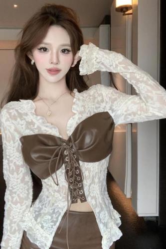 Real shot~ Pure sexy hot girl design V-neck spliced sexy lace small flap sleeve top for women