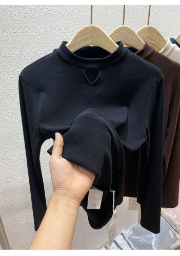 Double-sided German velvet half turtleneck brushed bottoming shirt for women autumn and winter hollow inner long-sleeved T-shirt for women