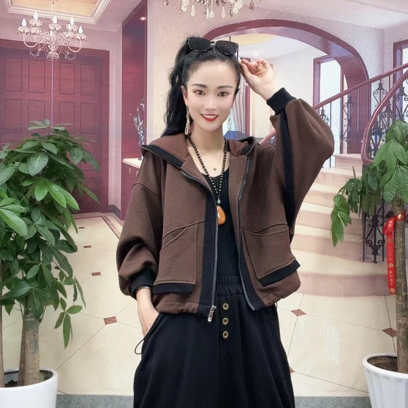 Spring and Autumn Women's Short Jacket Hooded Loose Large Size Women's Top Casual Cardigan Jacket Western Style