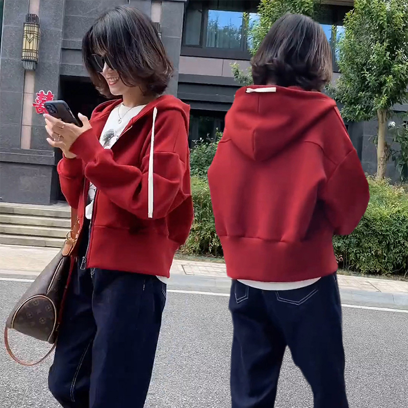 Official picture hoodie sweatshirt women's short coat spring and autumn new hot style small long-sleeved cardigan zipper