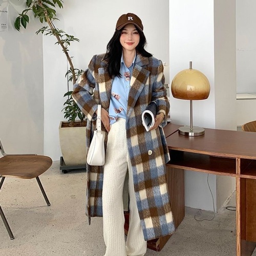 Plaid Hepburn woolen coat 2024 new woolen coat Korean style Korean style premium coat thickened