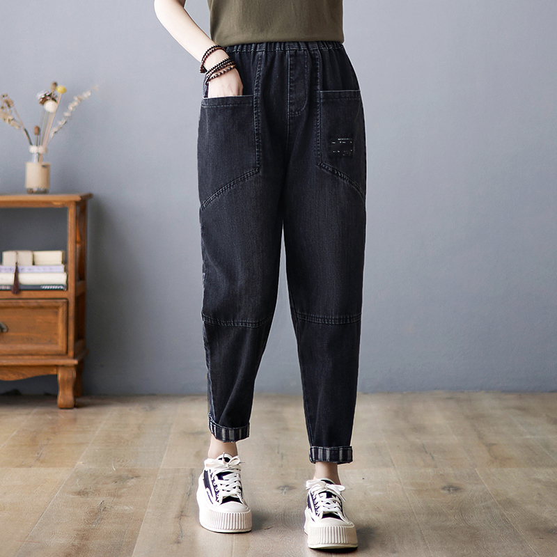 New style jeans women's loose large size retro elastic waist black casual women's trousers harem pants