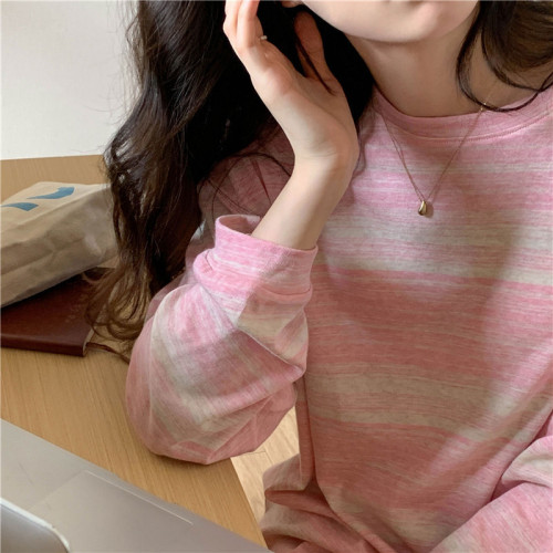 Milk Silk Striped Round Neck Long Sleeve T-Shirt Women's Autumn Design Loose