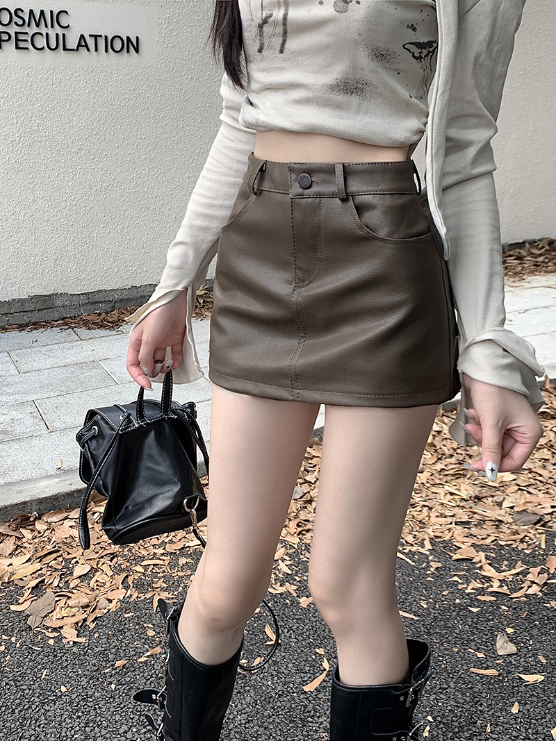 Real shot!  Black pu skirt hot girl miniskirt high waist textured a-line hip bag leather culottes for women 2731
