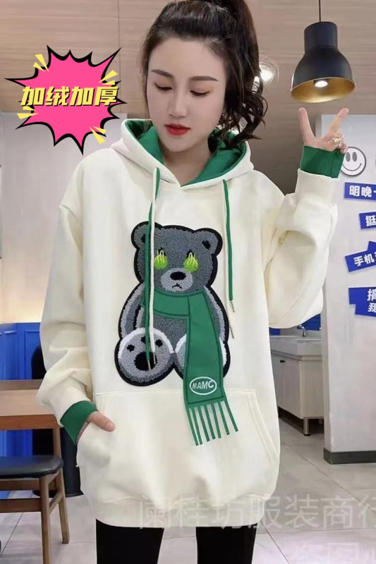 Thick velvet fashionable cartoon hooded sweatshirt for women autumn and winter thickened loose top casual versatile coat trendy
