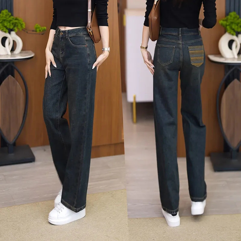 Official picture of retro women's jeans spring and autumn new popular loose wide-leg pants straight-leg pants for small people
