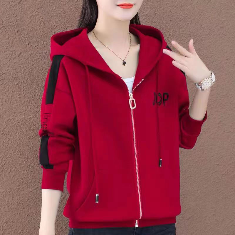 Pure cotton drawstring hooded long-sleeved sweatshirt for women autumn new design casual cardigan zipper hooded jacket