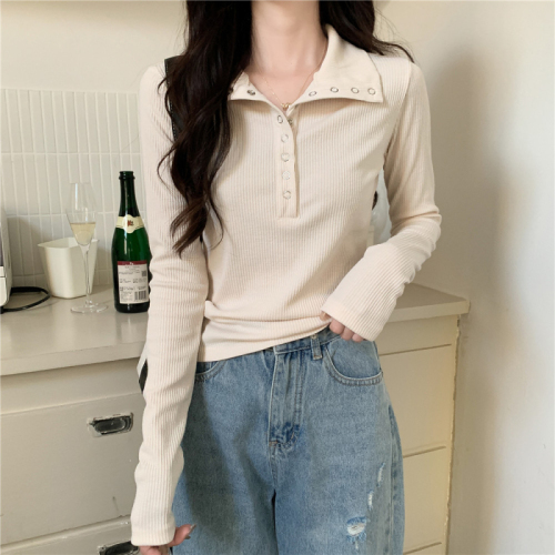 POLO collar bottoming shirt for women in spring and autumn, short slim long-sleeved T-shirt slim fit top for small people