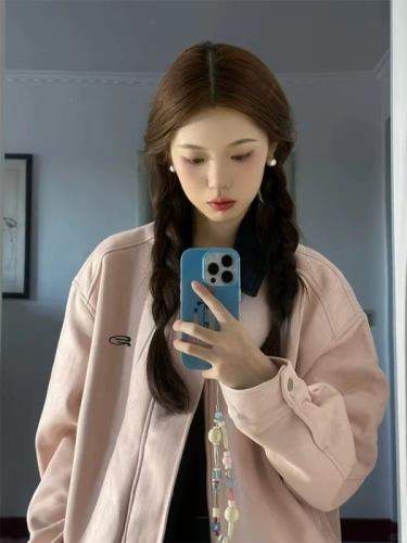 Suede lapel pink baseball jacket women's high-end all-match jacket top