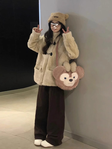 Rabbit fleece coat for women winter 2024 new Korean style loose mid-length thickened fur sherpa all-in-one coat