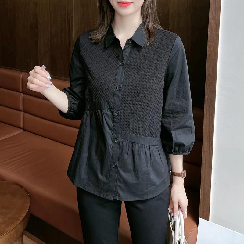 Autumn new style fashionable design splicing shirt versatile slimming solid color loose three-quarter sleeve shirt