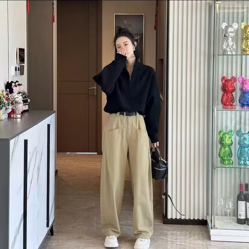 Jiao Siwen's waist-cut, versatile, flesh-covering, loose, small stand-up collar, long-sleeved sweatshirt