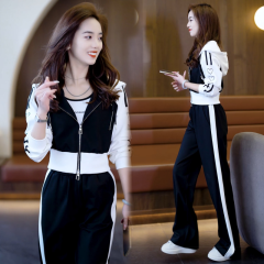 Official photo of wide-leg pants, sports and leisure suits for women, spring new style, fashionable waist-cinching sweatshirt, two-piece suit