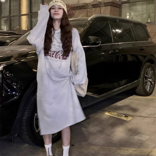 250g large sweater with double layer hood, winter Korean style lazy style sweet printed slit sweatshirt skirt for women