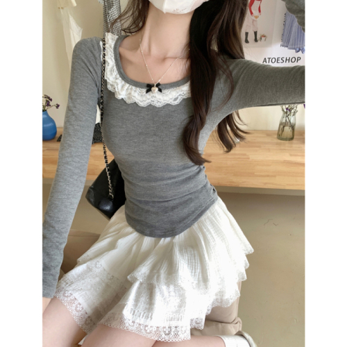 Real shot of cashmere lace plus velvet thickened brushed long-sleeved T-shirt for women in autumn and winter