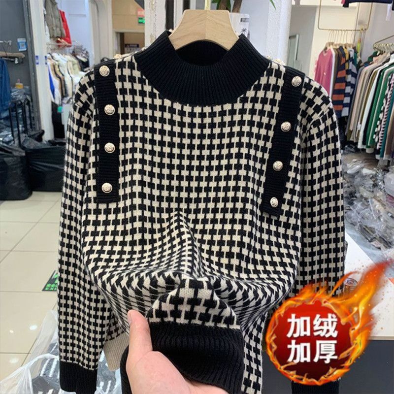 High quality velvet thickened autumn and winter new half turtleneck houndstooth sweater women's knitted bottoming shirt with trendy top