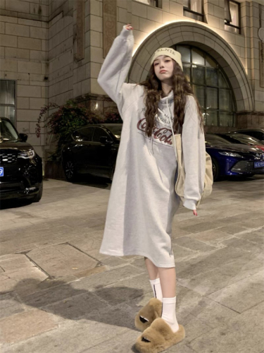 250g large sweater with double layer hood, winter Korean style lazy style sweet printed slit sweatshirt skirt for women