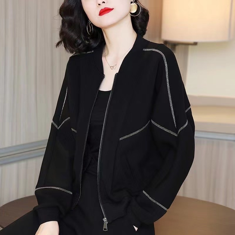 Black Thin Short Jacket Women's Long Sleeve Spring and Autumn New Casual Loose Baseball Uniform Jacket Top
