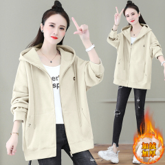 Hooded sweatshirt women's short coat velvet thickened spring and autumn winter new loose large size top cardigan