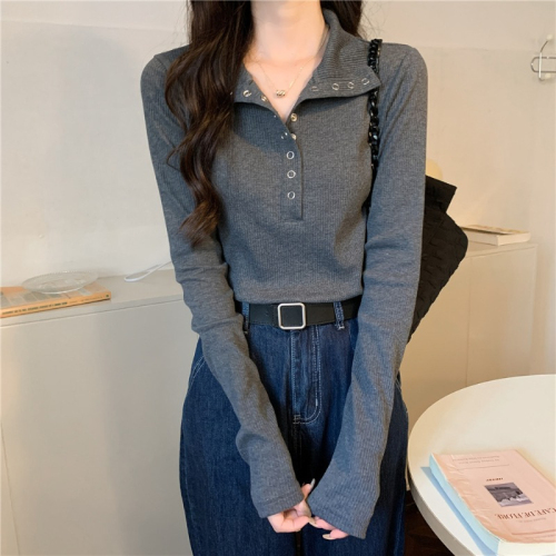 POLO collar bottoming shirt for women in spring and autumn, short slim long-sleeved T-shirt slim fit top for small people