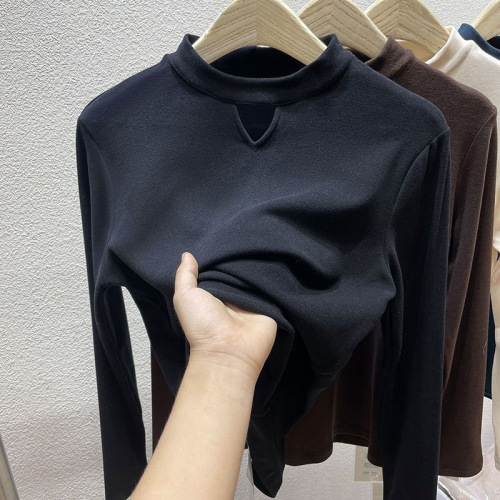 Double-sided German velvet half turtleneck brushed bottoming shirt for women autumn and winter hollow inner long-sleeved T-shirt for women