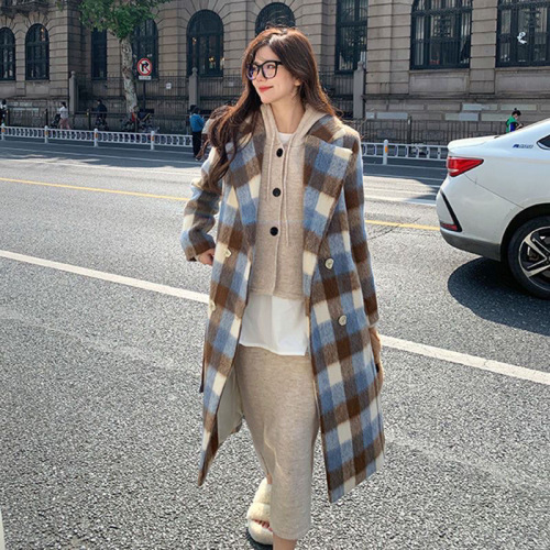 Plaid Hepburn woolen coat 2024 new woolen coat Korean style Korean style premium coat thickened