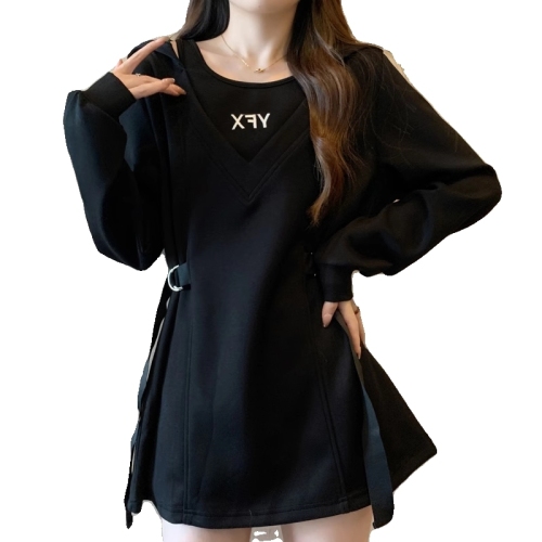 Original workmanship for fat mm niche waist hooded front shoulder sweatshirt for women slimming belly cover fake two-piece long-sleeved top