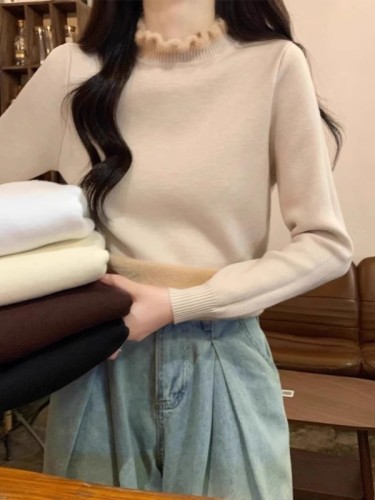 One-piece plush half-height collar mushroom edge inner wear knitted base shirt winter little black dress style warm sweater for women