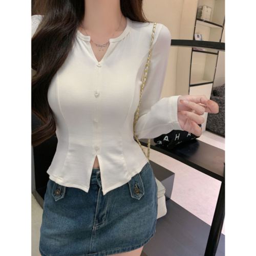 Long-sleeved V-neck top for women early autumn slim fit pullover T-shirt