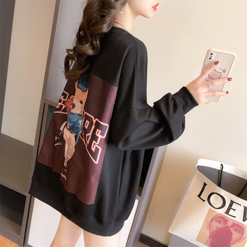 35 cotton Korean style loose large size printed three-dimensional pocket patch autumn thin sweatshirt for women