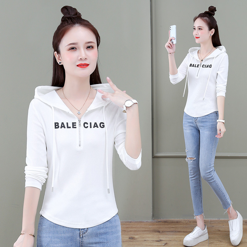 Bottoming shirt long-sleeved T-shirt women's knitted hooded thin coat slim spring and autumn new hem curved top