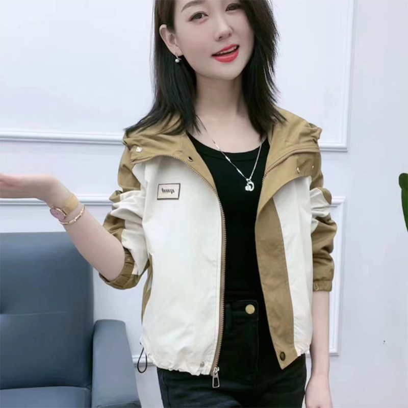 Official photo Contrast color splicing short jacket for women spring and autumn new style small versatile hooded short jacket