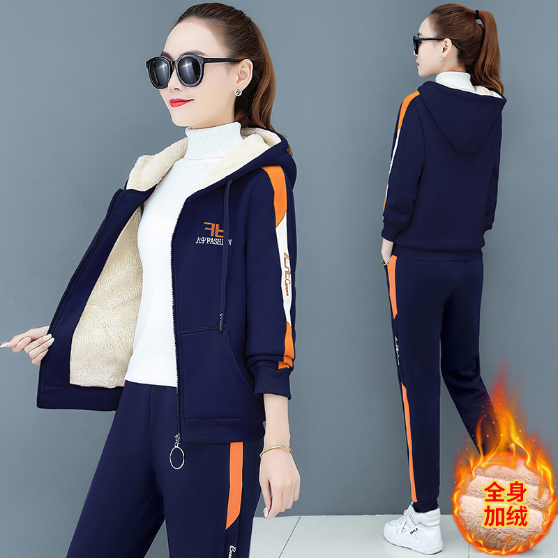 Thickened velvet sports suit for women in autumn and winter new Korean style lamb velvet zipper sweatshirt casual wear two-piece set