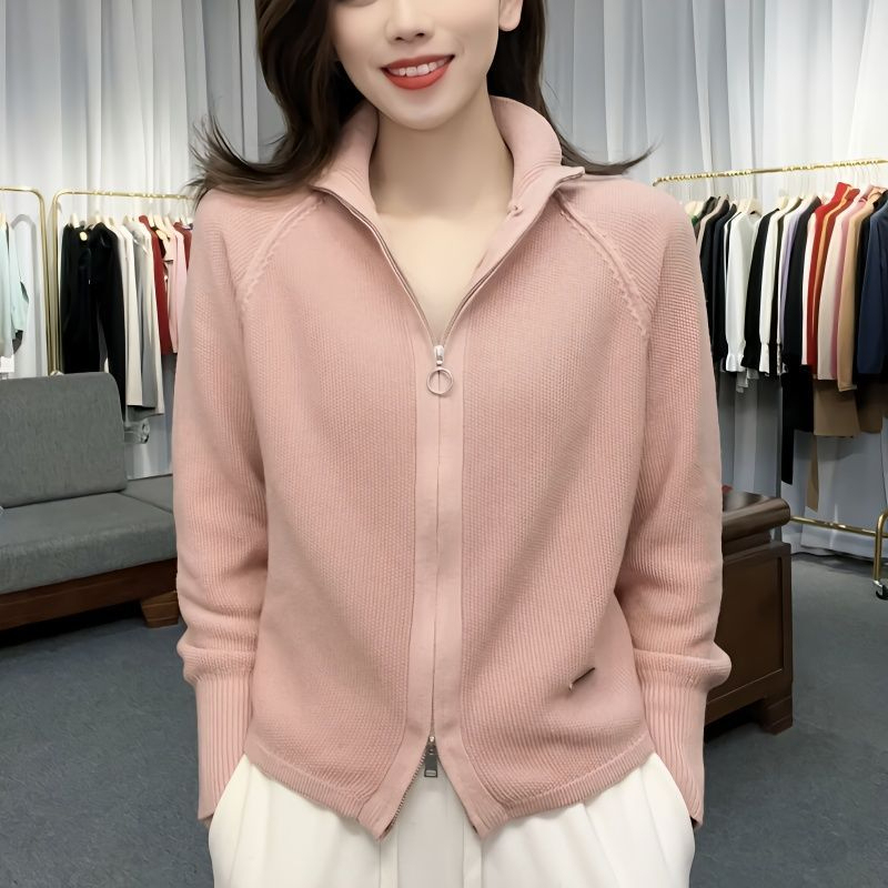 Double zipper high collar embroidered knitted cardigan jacket for women spring and autumn new style sports and casual style age-reducing top trendy