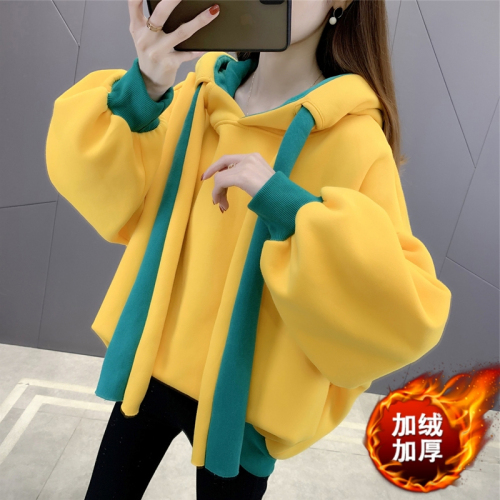 Official Photo Milk Silk Composite Beibei Velvet Autumn and Winter Plus Velvet Color Matching Design Hooded Sweatshirt