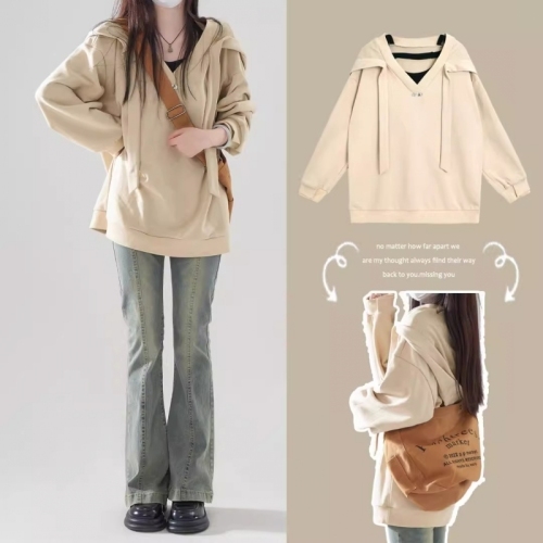 Original workmanship sweatshirt for women autumn versatile casual fake two-piece top hooded Maillard two-color fashionable women