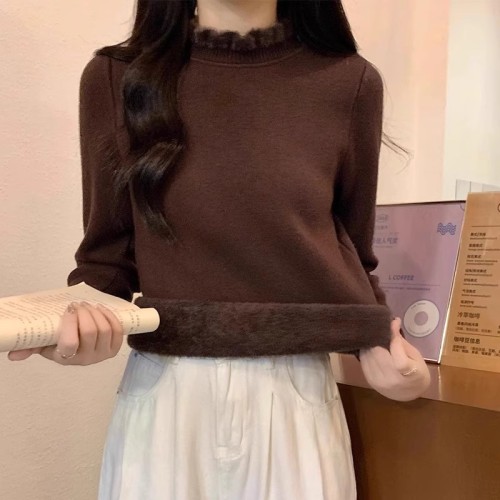 One-piece plush half-height collar mushroom edge inner wear knitted base shirt winter little black dress style warm sweater for women