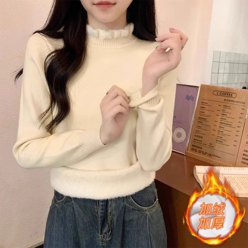 White French lace half-height knit base top for women, winter thick one-piece plush warm sweater for innerwear