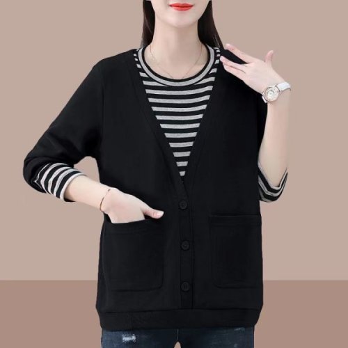 Large size fake two-piece round neck sweatshirt for women spring and autumn new Korean style loose fashion long-sleeved top