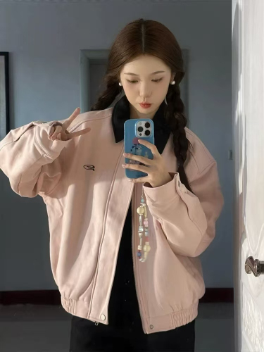 Suede lapel pink baseball jacket women's high-end all-match jacket top