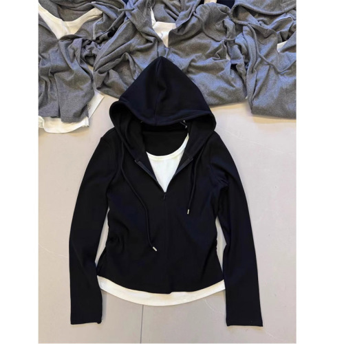 Original workmanship half-zip hooded side pleated fake two-piece sweatshirt for women early autumn 2024 casual versatile top