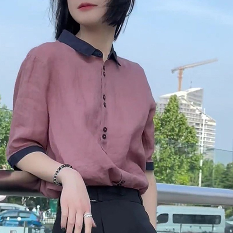 Summer new style women's retro temperament shirt top loose slimming contrasting color lapel short-sleeved shirt