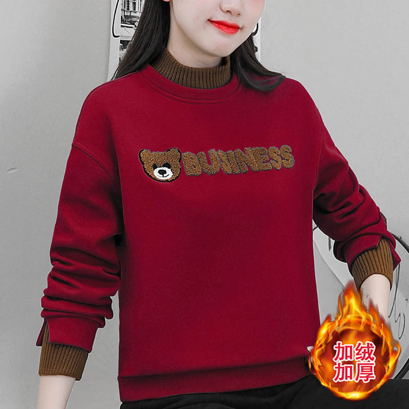 Velvet thickened half turtleneck bottoming shirt fashionable age-reducing short sweatshirt women's autumn and winter new loose top