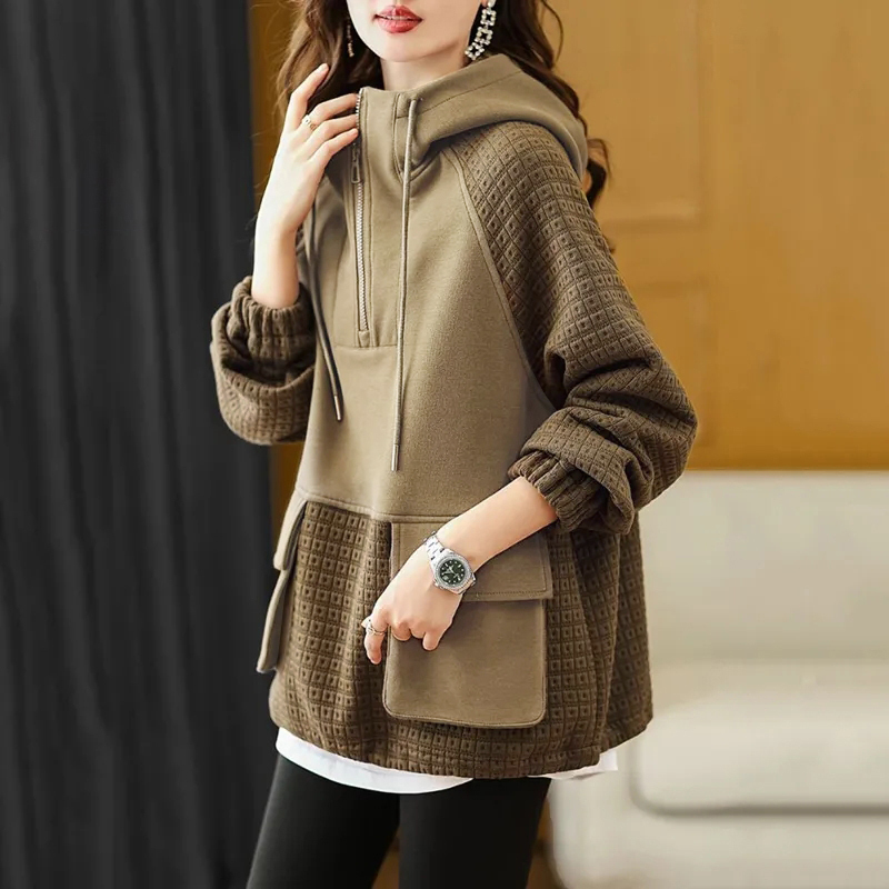 Spring and Autumn New Style Hooded Sweatshirt Popular Mid-Length Style Covering Buttocks Fashionable Plus Size Women's Clothes